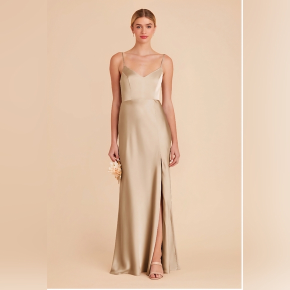 Birdy Grey Matte Satin Gown with Spaghetti Straps - Picture 1 of 3